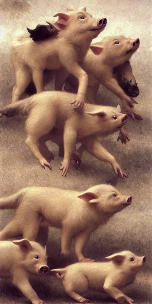 Image similar to photo of three little pigs tickling the wolf who is begging for mercy. regal, realistic, refined, detailed digital art, oil painting, william - adolphe bouguereau, art frahm, esao andrews, highly detailed, cinematic lighting, unreal engine, 8 k, hd extremely detailed. 4 k. award winning. ultra realistic photo.