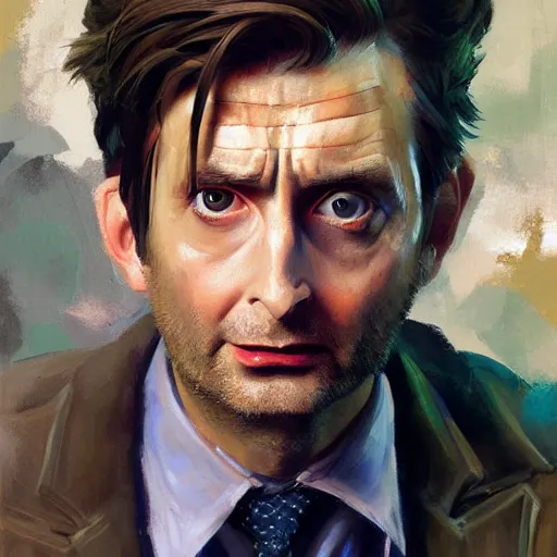 Image similar to greg manchess portrait painting of fully armored david tennant the 1 0 th doctor as overwatch character, medium shot, asymmetrical, profile picture, organic painting, sunny day, matte painting, bold shapes, hard edges, street art, trending on artstation, by huang guangjian and gil elvgren and sachin teng