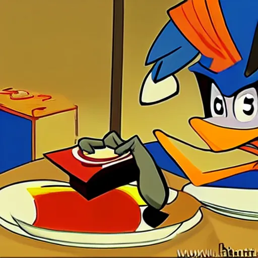 Prompt: Daffy Duck eating a VCR, ancient China, Superman, food Network