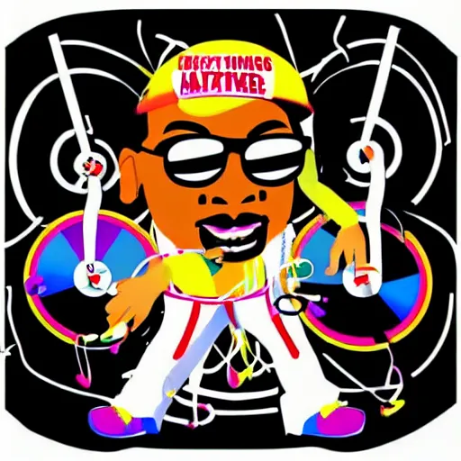 Image similar to svg sticker of a Dancing-Ben-Harper-Snoop-Spike-Lee-with-a-large-Afro-Puff, at a rave, spinning records, giant headphones rocking out, wearing headphones, huge speakers, dancing, rave, DJ, spinning records, digital art, amazing composition, rule-of-thirds, award-winning, trending on artstation, featured on deviantart