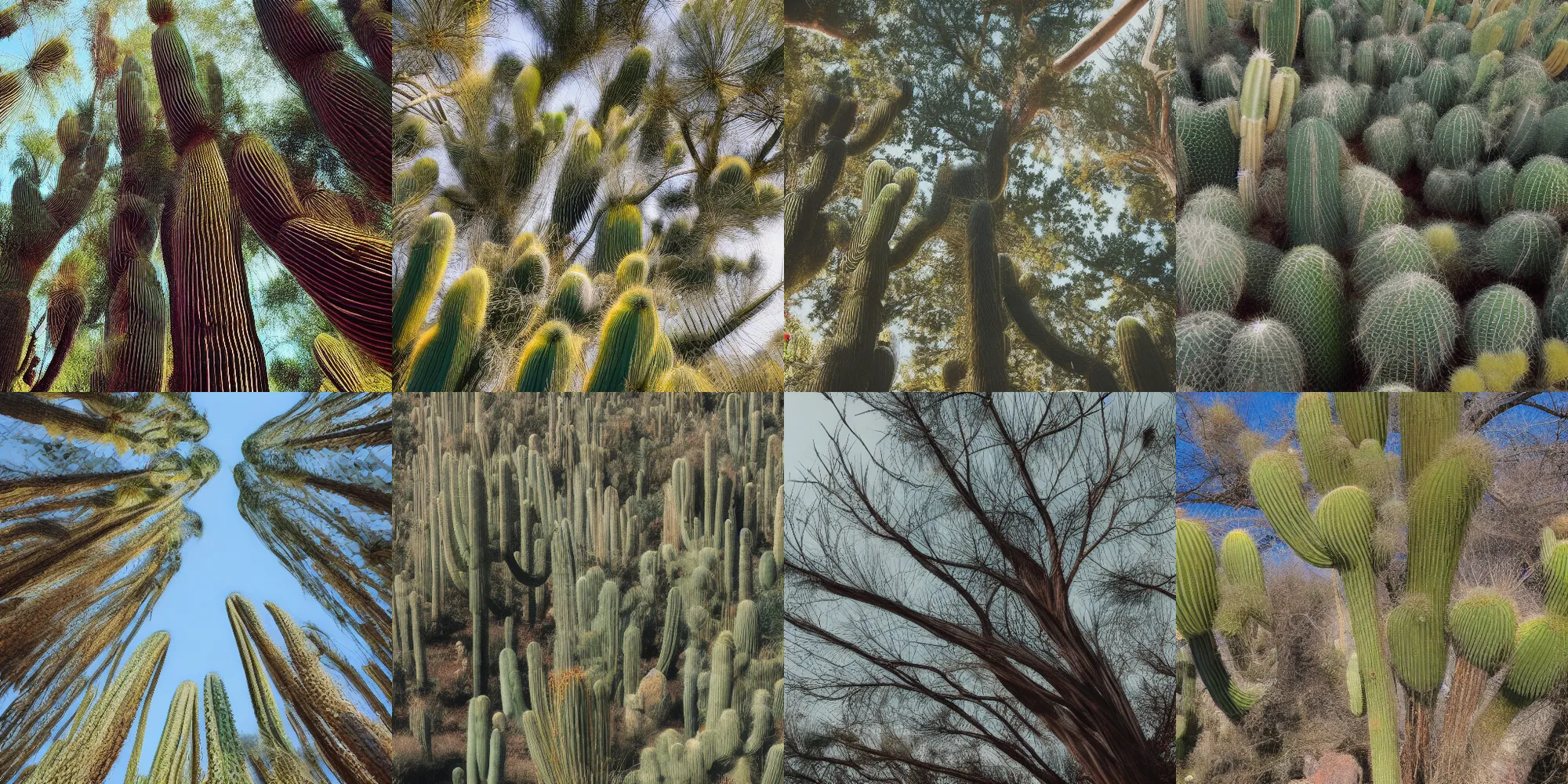 Prompt: low-angle photo of cactus pine trees