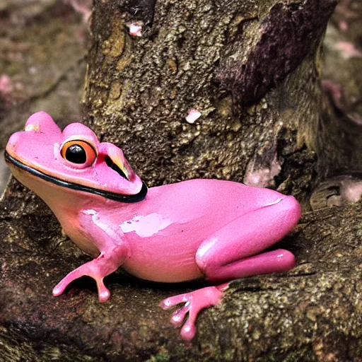 Prompt: highly detailed pink frogs in a cooking pot beneath a tree, realistic,
