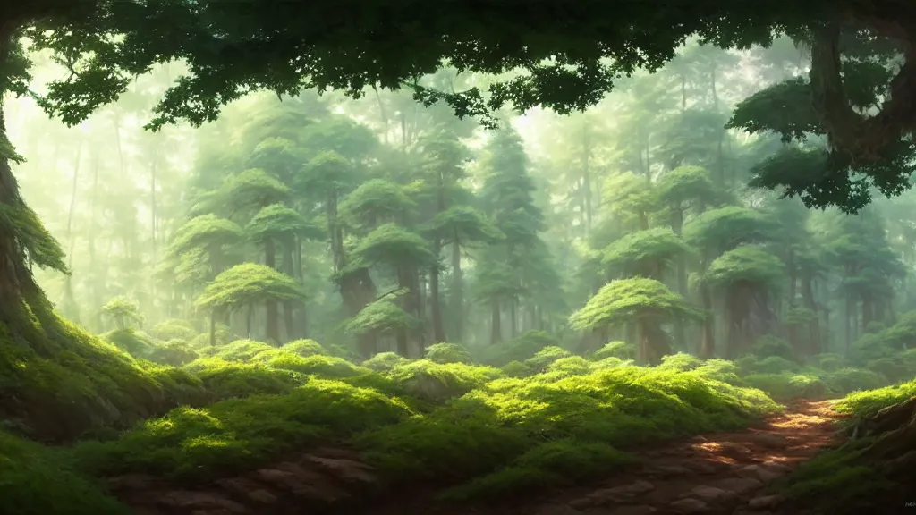 Image similar to forest clearing landscape, studio ghibli, pixar and disney animation, sharp, rendered in unreal engine 5, highly detailed, digital painting, artstation, concept art, smooth, sharp focus, illustration, wide angle, artbook, wallpaper, splash art, promo art, dramatic lighting, art by artgerm and greg rutkowski and bo chen and jin xiaodi