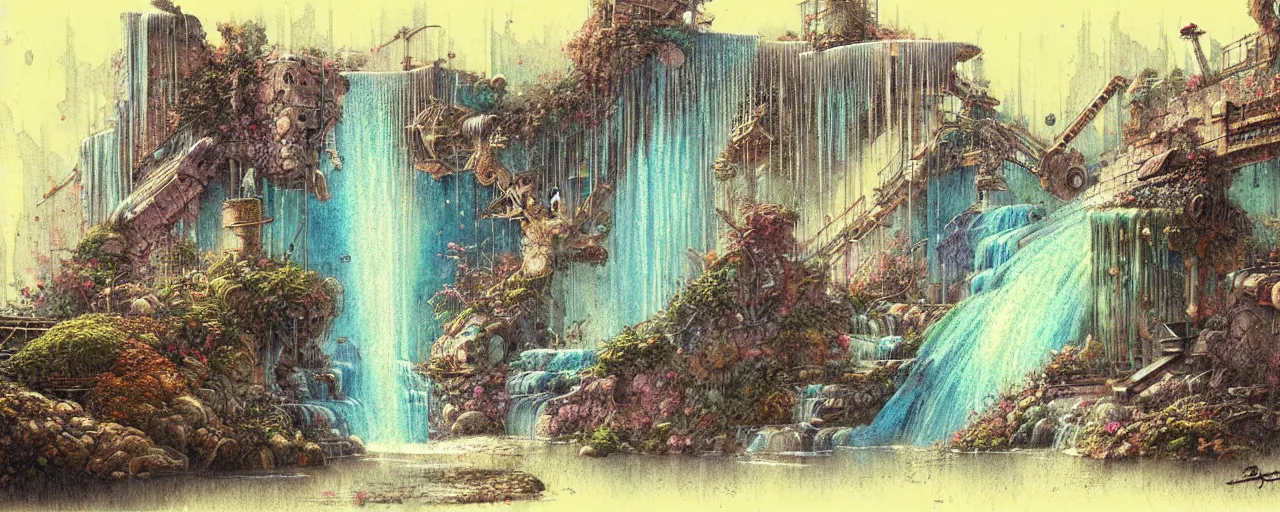 Image similar to retro future art waterfall by jean - baptiste monge, design border lines, decorations, muted colors