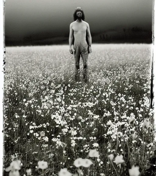 Image similar to mystical death god standing in tall meadow of flowers, distant, vintage film photo, grainy, high detail, high resolution