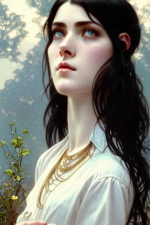 Prompt: ultra realistic, Beautiful black haired woman, Porcelain white complexion, big blue eyes, cute small lips., wearing jeans and white blouse, whip in hand, intricate details, eerie, highly detailed, octane render, 8k, art by artgerm and alphonse mucha and greg rutkowski