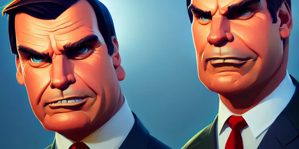 Image similar to low angle portrait of the president Bolsonaro, tepainting concept Blizzard pixar maya engine on stylized background splash comics global illumination lighting artstation lois van baarle, ilya kuvshinov, rossdraws