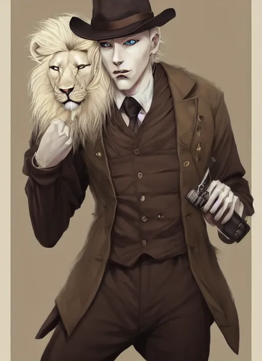 Prompt: aesthetic portrait commission of a of a male fully furry muscular anthro albino lion holding a glock close to his head wearing attractive brown and black cotton detectives outfit in vintage 1900's London city, sepia filter. Character design by charlie bowater, ross tran, artgerm, and makoto shinkai, detailed, inked, western comic book art, award winning film poster painting