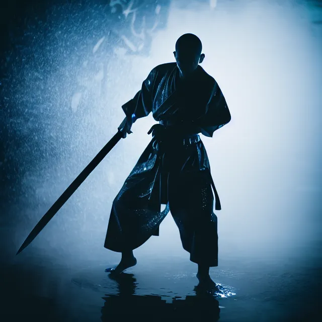 Prompt: cyber monk water dance slashing sword water, detailed bushido form water, fighting stance energy, shibuya prefecture, cinematic neon uplighting, fog mist smoke, photorealistic, night photography by tomino - sama