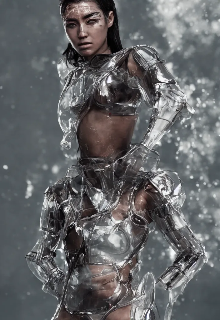 Prompt: exotic female muscular warrior wearing light transparent glass armour, transparent plastic clothing, dirt and sweat on body, elegant face, smudged running makeup, straps belts and harnesses, urban style, unreal engine, bloom, cinematic camera,