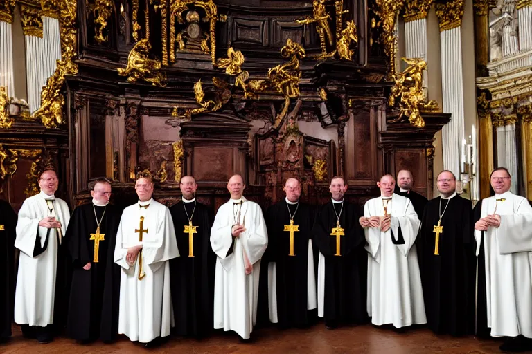 Prompt: photography of circle group of priests in front of a hell portal invoking a lovecraft creature in a baroque intricate church