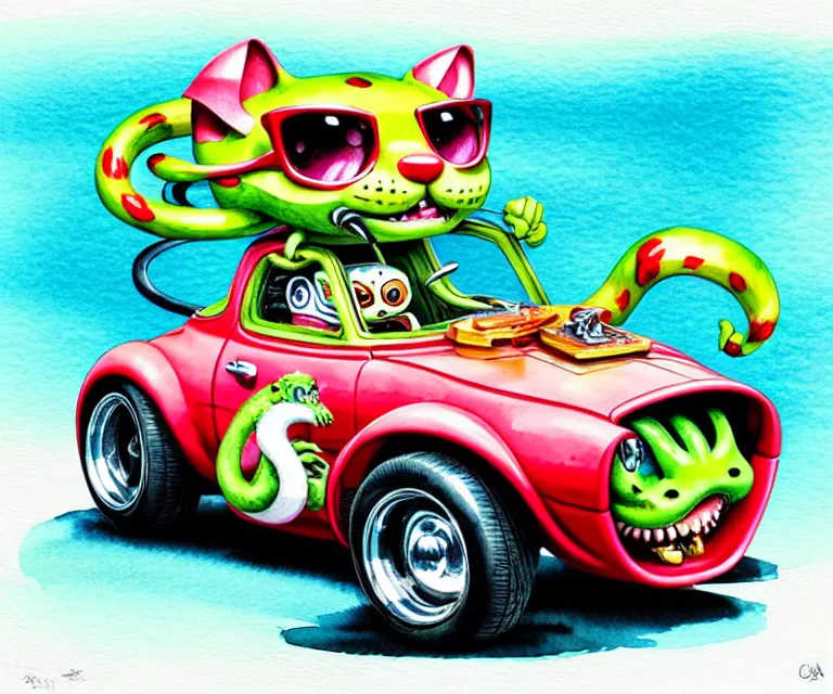 Image similar to cute and funny, margay driving a tiny hot rod with an oversized engine, ratfink style by ed roth, centered award winning watercolor pen illustration, isometric illustration by chihiro iwasaki, edited by craola, tiny details by artgerm and watercolor girl, symmetrically isometrically centered