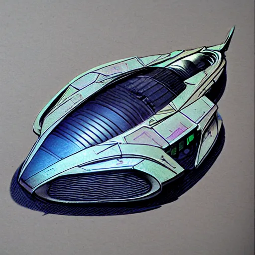 Prompt: coloured pencil of alien spaceship scifi tech hardsurface shape form exploration, artstation, colored marker, paper collage, syd mead, hr giger, concept art