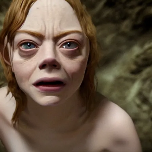 Prompt: emma stone is gollum from lord of the rings, the hobbit gollum, LOTR, big eyes, 3 strands of hair, bad teeth, in a cave, 8k ultra real