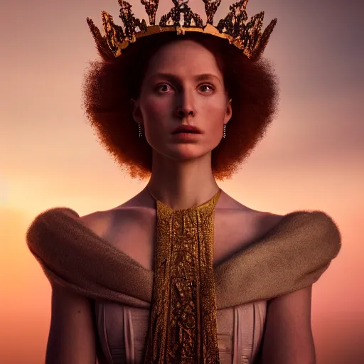 Image similar to photographic portrait of a stunningly beautiful queen of the arctice empire renaissance female in soft dreamy light at sunset, contemporary fashion shoot, by edward robert hughes, annie leibovitz and steve mccurry, david lazar, jimmy nelsson, breathtaking, 8 k resolution, extremely detailed, beautiful, establishing shot, artistic, hyperrealistic, beautiful face, octane render