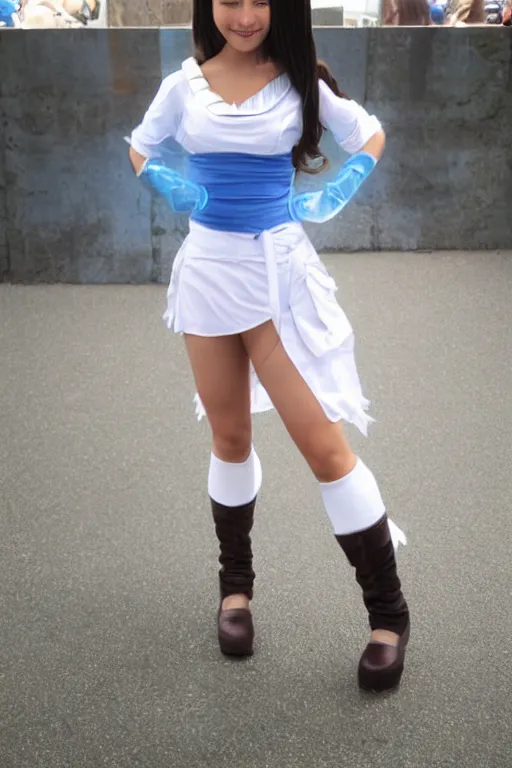 Image similar to full body photo of real - life katara from avatar the last airbender, cosplay, high heels