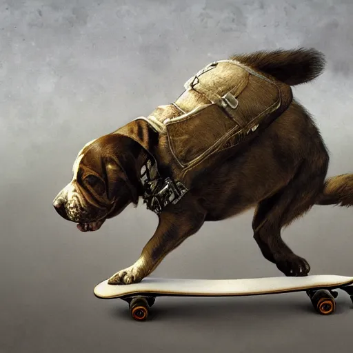 Image similar to morbidly obese dog riding a skateboard, illustration, full body, high quality, intricate details, details, craig mullins, intricate, atmosphere, highly detailed, matte painting, cinematic, deviantart, realistic, photorealistic, concept art