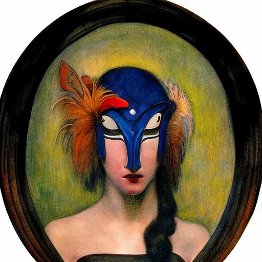 Image similar to the last guest in her Art Deco bird mask, by Annie Swynnerton and Diego Rivera, symbolist, dramatic lighting, elaborate geometric ornament, god rays, soft cool colors,smooth, sharp focus, extremely detailed, Adolf Wölfli