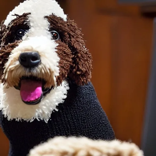 Image similar to a closeup photorealistic photograph of a cute smiling knitted bernedoodle judge dog dressed in a black gown, presiding over the courthouse. indoors, professional capture, well lit shot. this 4 k hd image is trending on artstation, featured on behance, well - rendered, extra crisp, features intricate detail, epic composition and the style of unreal engine.