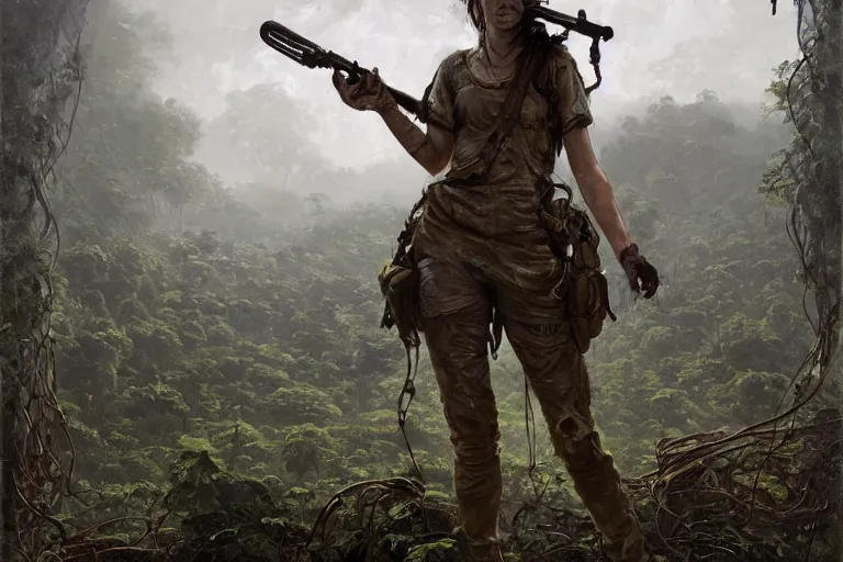 Prompt: artstation concept of a beautiful adventurous girl wearing goggles holding a machine pistol, sweaty skin, symmetrical face, high body detail, ripped up field fatigues, jungle background with ruins, vines, hyperdetailed, artstation trending, world renowned artists, worth1000.com, cgsociety, by greg rutkowski, by Gustave Doré, by Marco Turini, by Artgerm, Deviantart in the style of Tom Bagshaw, Cedric Peyravernay, Peter Mohrbacher