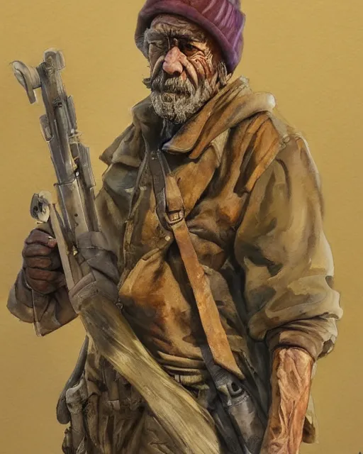 Image similar to a oil / watercolor painting full body character portrait of an old homeless soldier fighting to defend his family in the style of moebius in the style of leonard boyarsky trending on artstation deviantart pinterest detailed photorealistic highlights and shadow hd 8 k post - processing high resolution