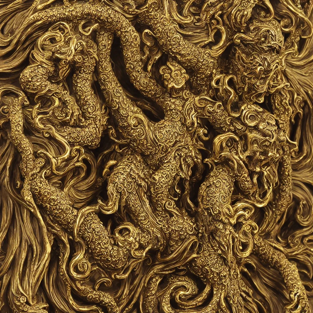 Image similar to statue of cthulhu, ornate, intricate, gold filigree, highlt detailed