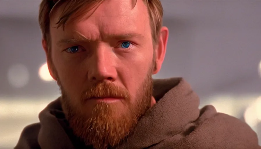 Prompt: Obi-wan Kenobi in the film trainspotting, cinematic lighting, close-up, cinematography,