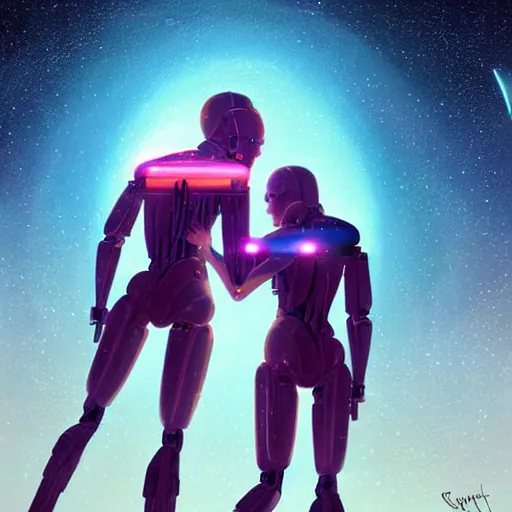 Image similar to digital painting of two humanoid robots hugging each other, supernova in the background, stars and planets and galaxy, stunning, surreal, cinematic lighting, concept art by greg rutkowski and simon stalenhag