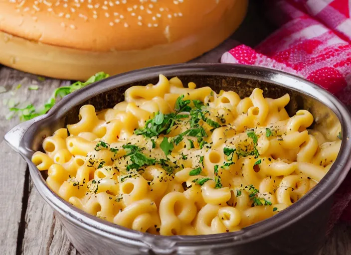 Image similar to dslr food photograph of hamburger over macaroni and cheese, 4 k award winning 8 5 mm f 1. 8