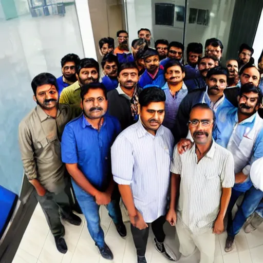 Image similar to selfie taken by an Indian man with his other Indian employees at an office building, wide angle photo