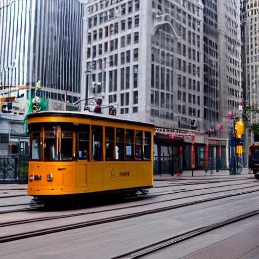 Prompt: a herritage streetcar running through the streets of chicago