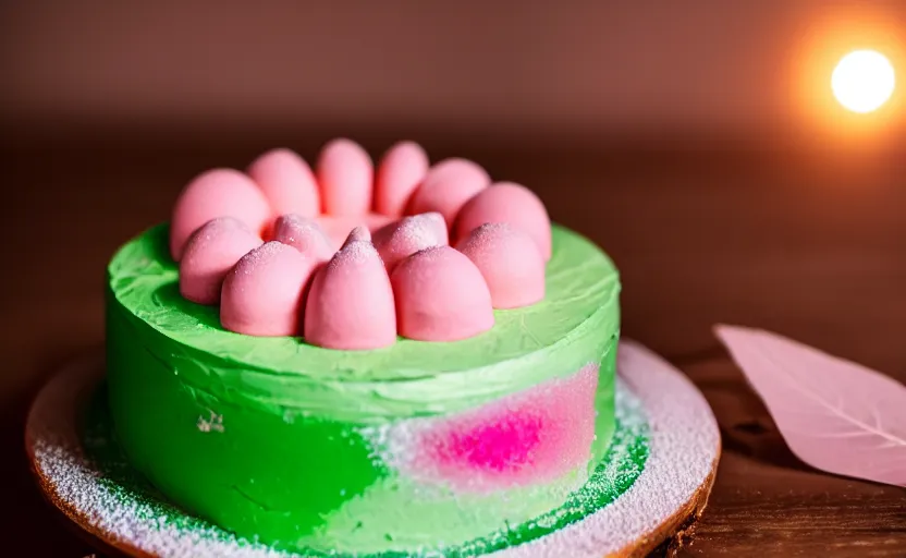 Prompt: A photo of a swedish princess cake from the side on a wooden table, covered with pink marzipan, some powder sugar and a green marzipan leaf in the center. Sunset. 4K. Cinematic lighting. High detail. Realistic. Delicious.