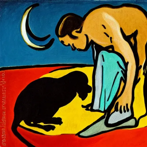 Image similar to fauvist painting of a man wiping sweat off his brow on a moonlit beach at night, with a black dog,