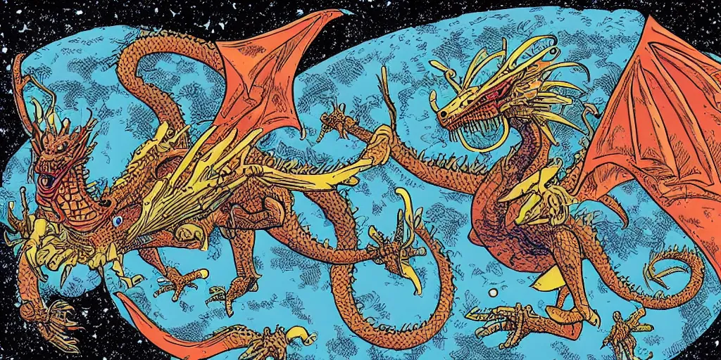 Image similar to an alien dragon flying in outer space, style of Geof Darrow