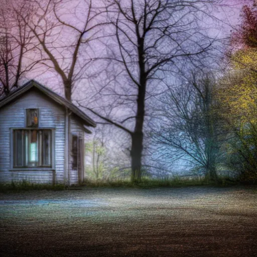 Image similar to specs of light, iridescent bokeh, abandoned cottage