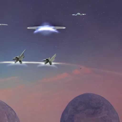 Image similar to a ufo and a jet fighter in aerial combat