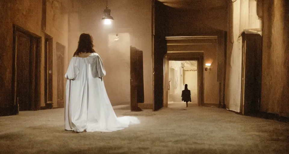 Prompt: Halloween color film, Scene where a beautiful woman in white is walking dark hallway in old mansion at midnight , view from front