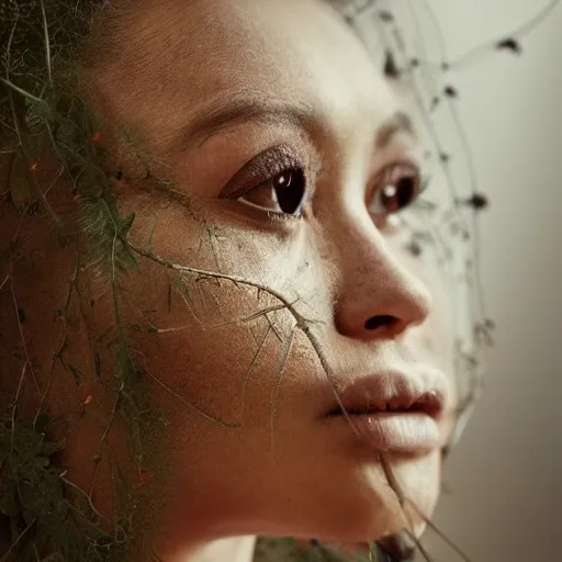 Prompt: beautiful extreme closeup of frontiers in herbal anthropomorphosis magazine portrait photo of person, focus on face, highly detailed, soft lighting