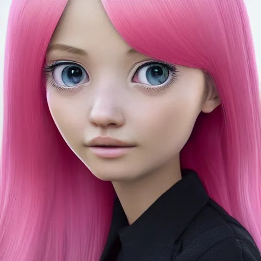 Image similar to A portrait of Nikki from Shining Nikki and Love Nikki, a cute 3d cgi toon young woman with long light pink hair, full bangs, hazel eyes, full round face, light makeup, pale skin, Chinese heritage, medium shot, mid-shot, hyperdetailed, 8k, trending on artstation, as a Pixar character