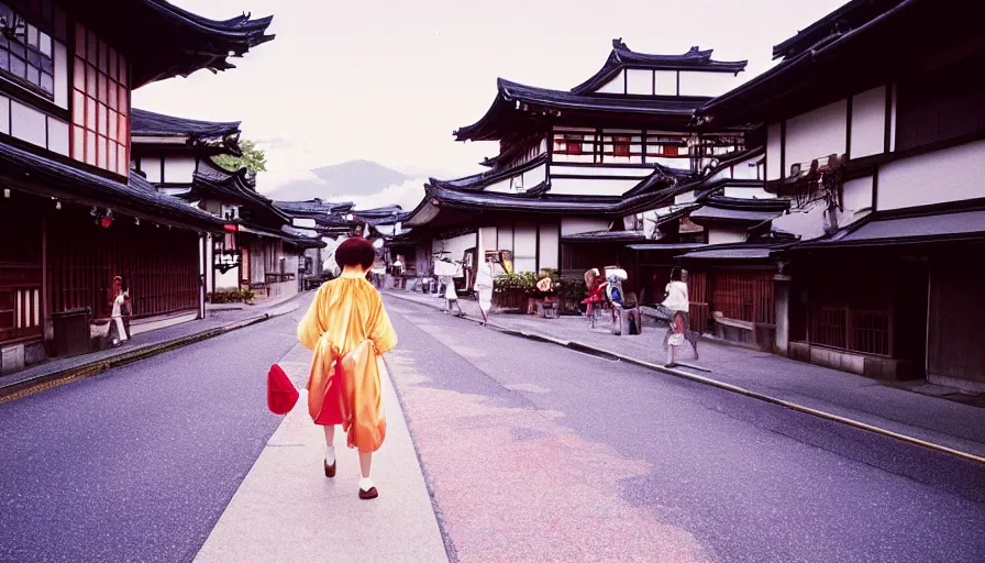 Prompt: 1 9 9 0 s candid 3 5 mm photo of a beautiful day in the a dreamy street in takayama japan designed by gucci, cinematic lighting, cinematic look, golden hour, the clouds are epic and colorful with cinematic rays of light, a girl walks down the center of the street in a gucci kimono, photographed by petra collins, uhd