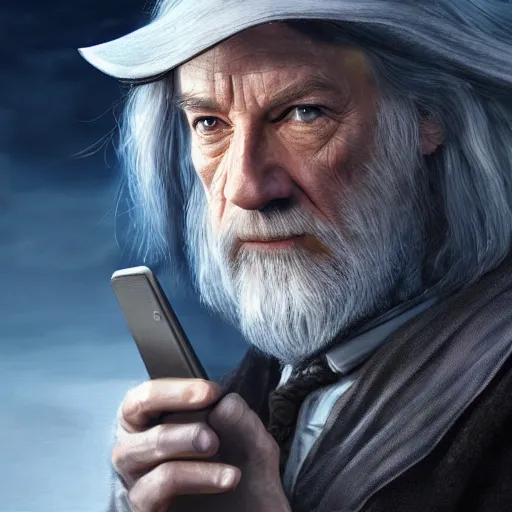 Image similar to Movie still of Saul Goodman as Gandalf holding a phone, fantasy, highly detailed, digital painting, artstation, concept art, sharp focus, illustration, art by Tony Sart and artgerm and randy vargas