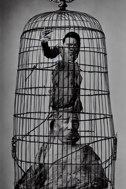 Prompt: photo portrait of a tibetan man with a birdcage through his body, by Annie Leibovitz, with a birdcage through his chest