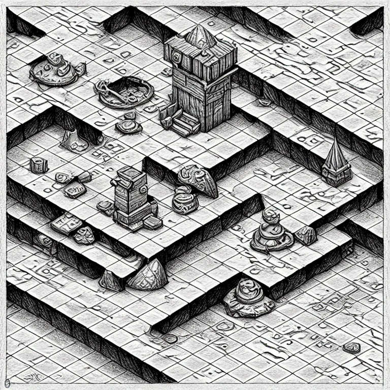 Image similar to an absurdly-detailed isometric fantasy scene pencil drawing as a fancy square tile