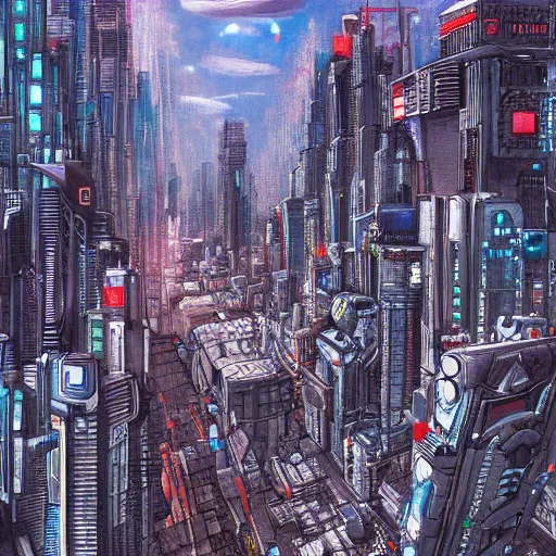 Image similar to highly detailed futuristic city t - 1 0 0 cityscape, katsuhiro otomo style painting