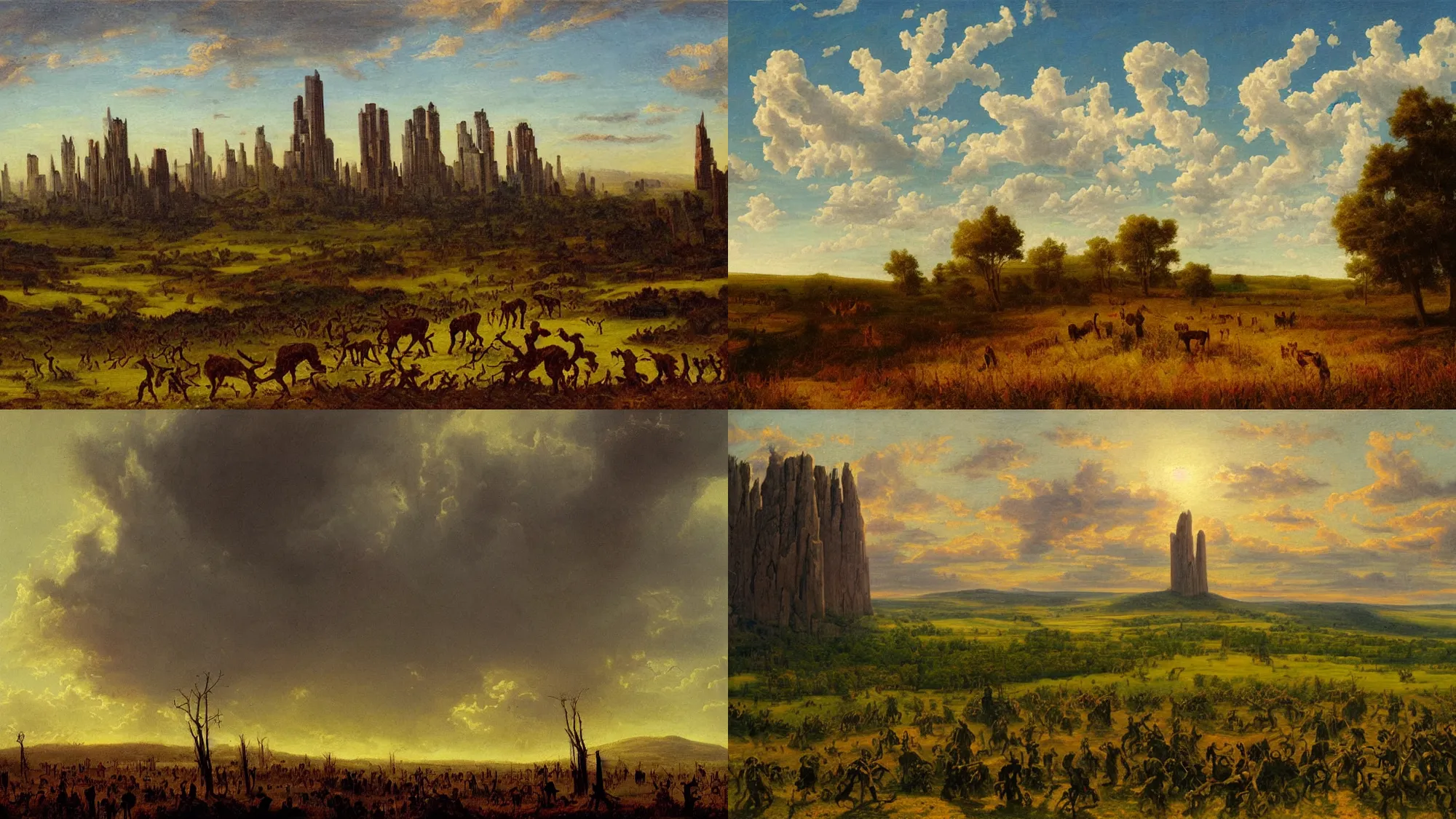 Prompt: Midwest countryside, towering giant made of zombies, fantasy art, Hudson River School