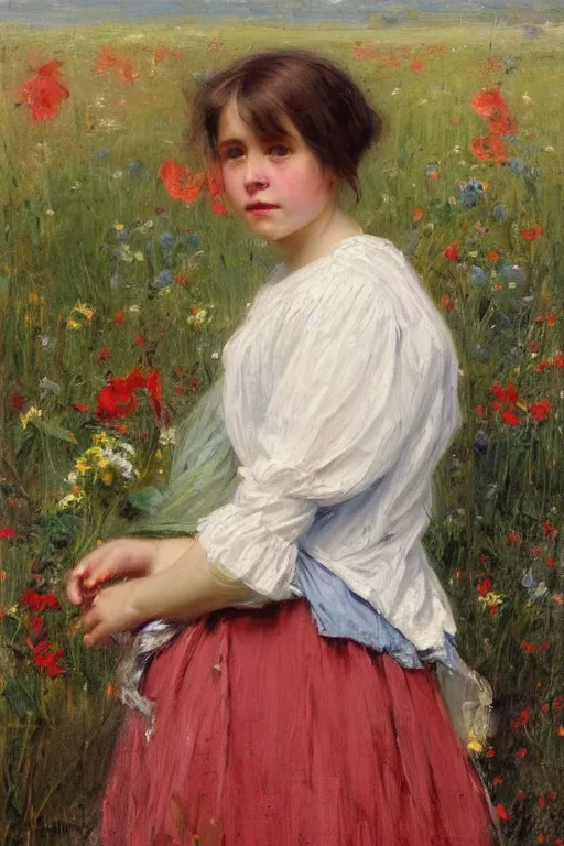 Image similar to Solomon Joseph Solomon and Richard Schmid and Jeremy Lipking victorian genre painting portrait painting of a young cottagecore girl in an open field of flowers, red background