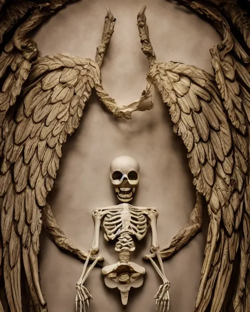 Image similar to skeleton with skull and angel wings sculpture by billelis, ivory rococo frontal view, displayed in a gothic decor room, beautifully lit, hyper detailed, lighting, neon, 4k, micro details, 3d sculpture, structure, 30% pearlescent detailing + punk + magical + symmetrical