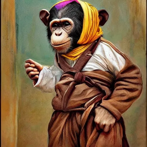 Image similar to beautiful painting by sophie anderson of a chimpanzee wearing traditional men kurdish clothes baggy pants and white shirt with a large sash tied around the waist in a kurdish village, award winning art, insanely detailed, bright colors, global illumination, cute, young, stunning