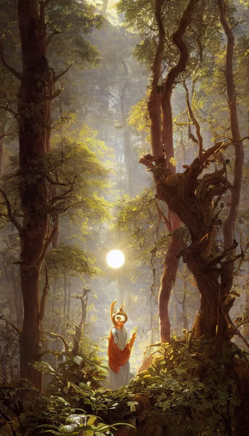 Image similar to A mythical person viewing at a solar eclipse from a primordial forest. Highly detailed, digital painting, artstation, concept art, sharp focus, illustration, art by Jan Brueghel the Elder, greg rutkowski and alphonse mucha.