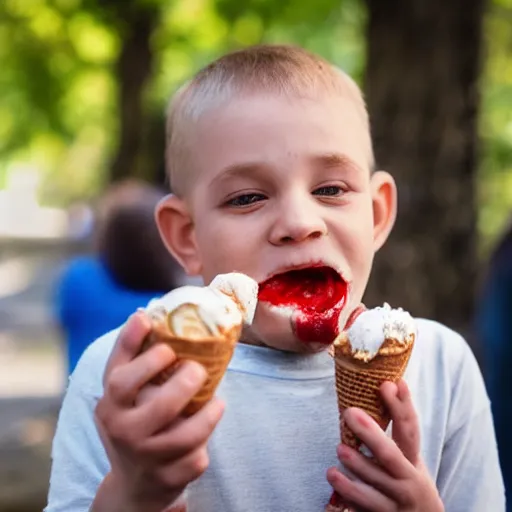 Image similar to photo of a neanderthal eating ice cream for the first time